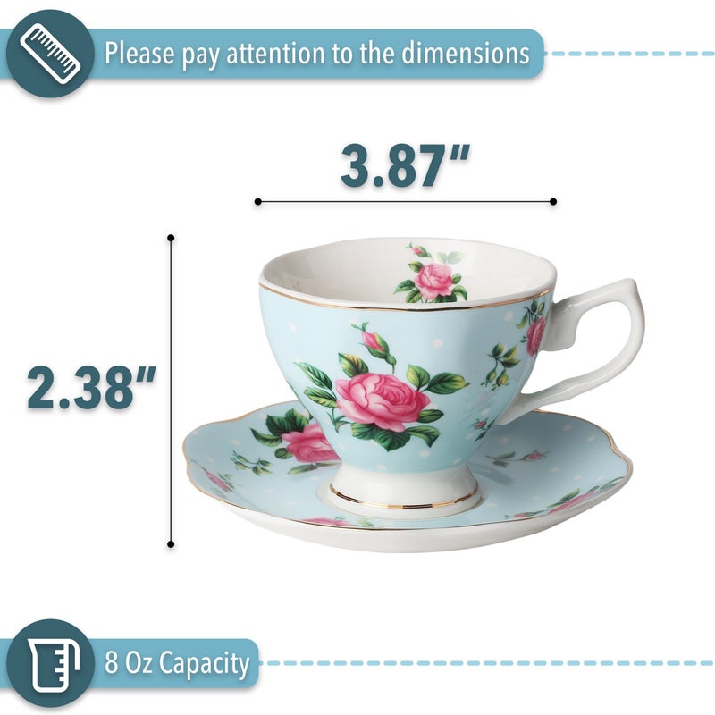 Brew To A Tea BTaT- Floral Tea Cups and Saucers, Set of 2, 8oz, with Gold Trim, Coffee Cups, Floral Tea Cup Set, British Tea Cups, Porcelain Tea Set, Tea Sets for Women - Image 3